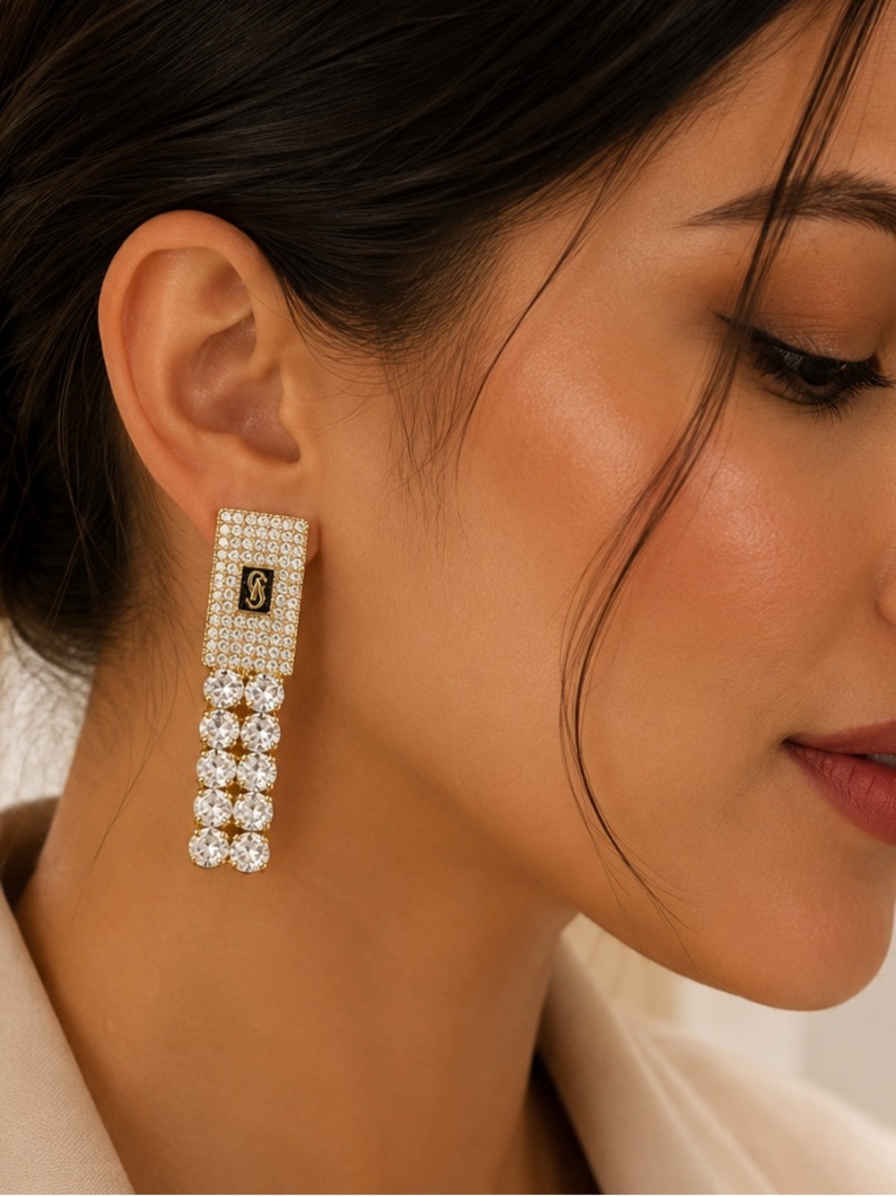 Gold Rhinestone Waterfall Statement Earrings | Crystal Dangle Earrings | Glam Ev